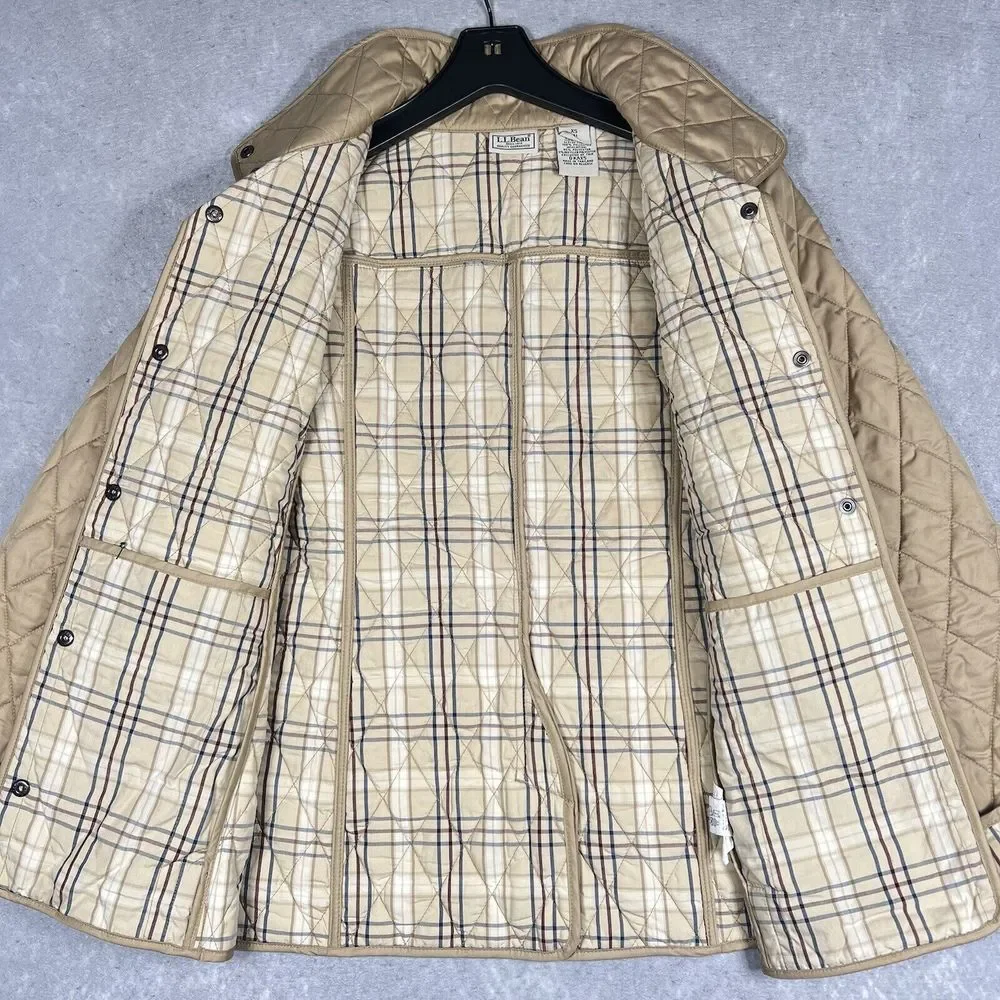 L.L.Bean Gold Quilted Jacket Women Small Tan Nova Check Plaid Lined Snap Button - Picture 3 of 9